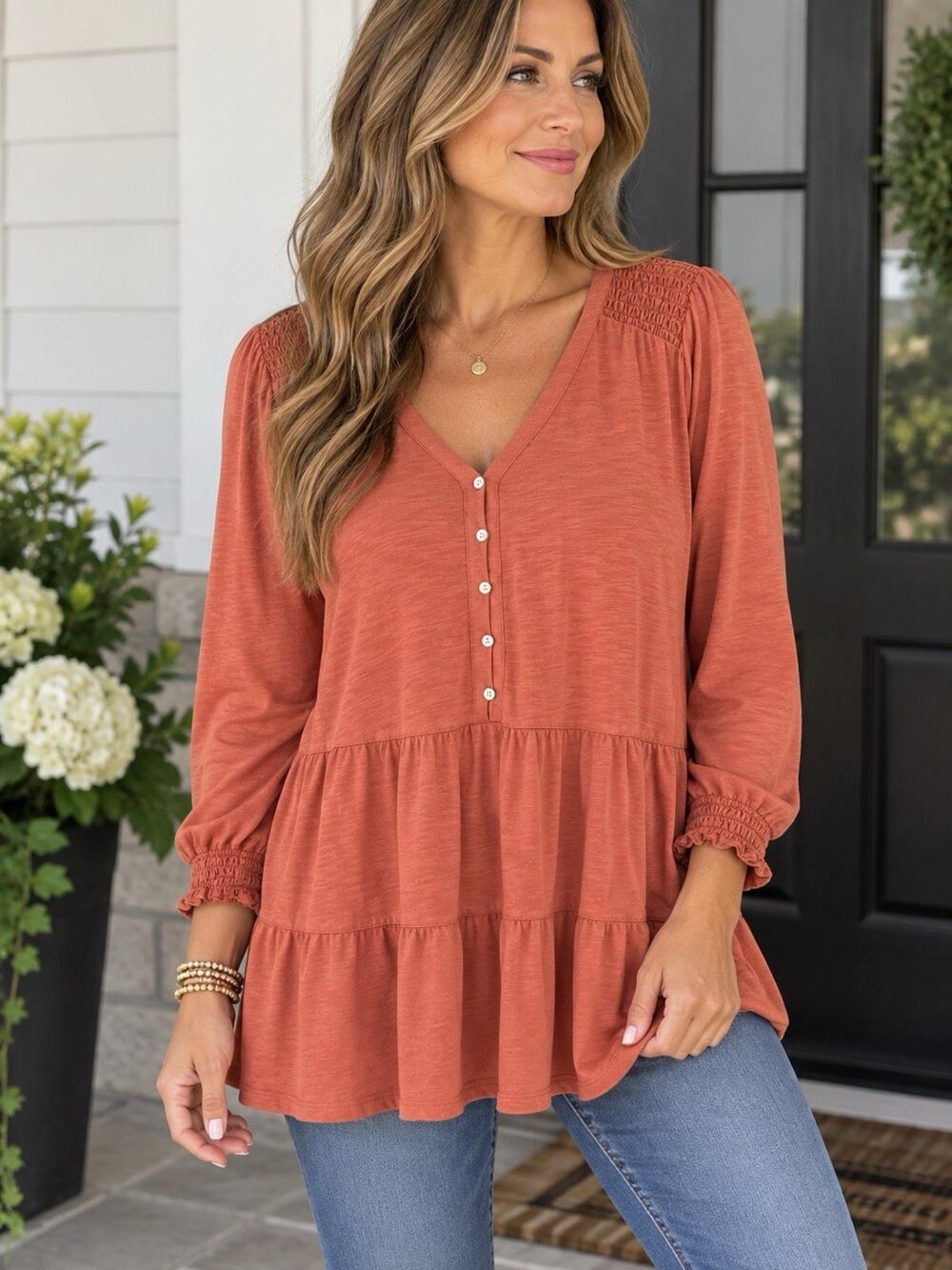 J Jill Coral Babydoll Tiered Tunic Sz L